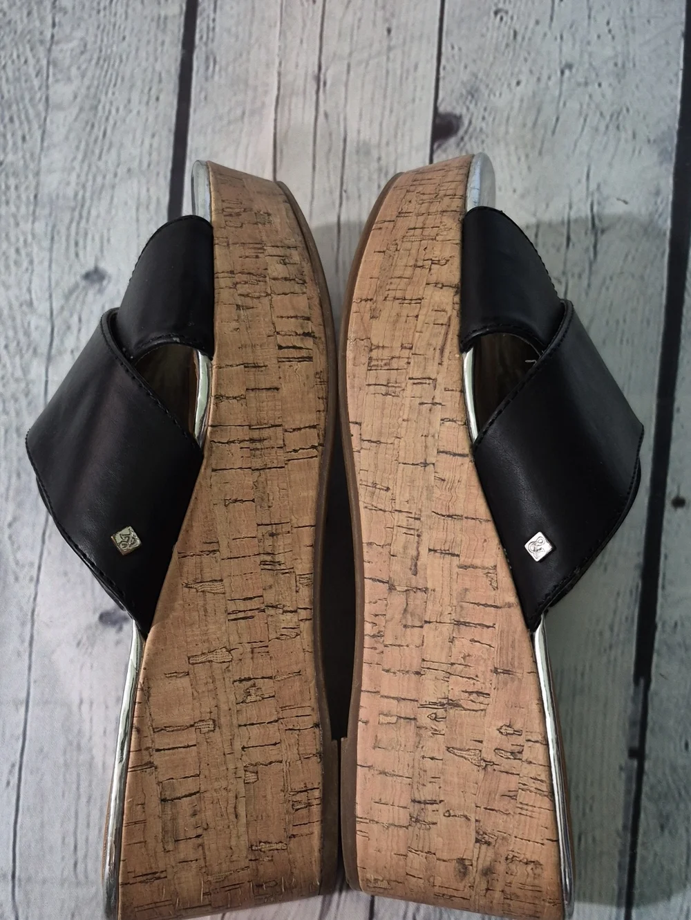 Like New Sam & Libby Black Cork Wedge Slide Sandals with Silver Toe Size 7.5